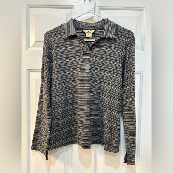 Women's Woolrich Striped Pullover Blouse V-Neck Collared Casual Long Sleeve Sz M - Picture 1 of 8